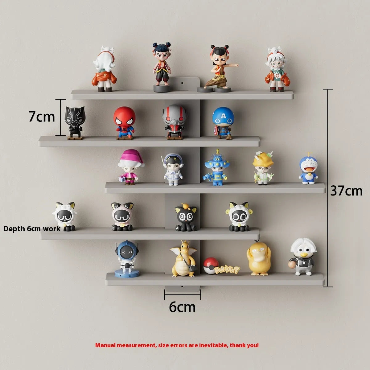 White 5-tier wall-mounted PVC rack displaying toy dolls and blind box collectibles.