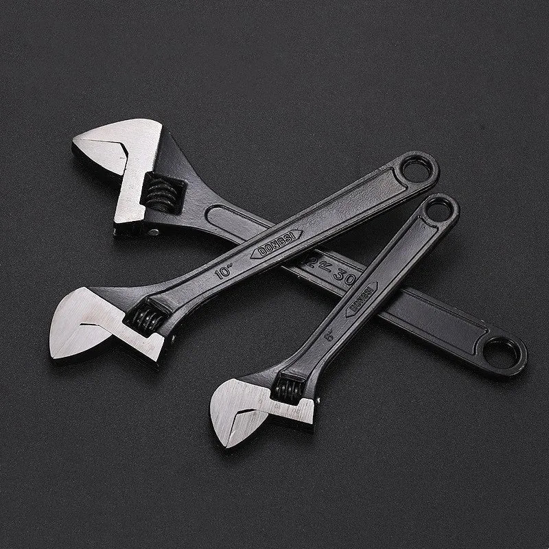 Black-finished high carbon steel adjustable wrench showing adjustable jaw mechanism.