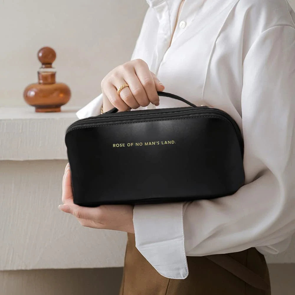 Premium PU leather cosmetic bag with large capacity, versatile storage, and water-resistant design for modern women on the go