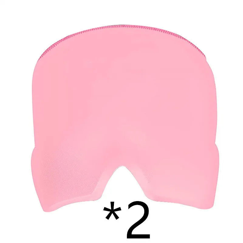 Black elastic cloth gel cold compress eye mask for headache relief on a grey background.