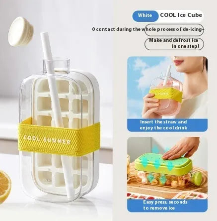 Portable instant ice maker cup in green colour with straw, showing one-click molding mechanism.