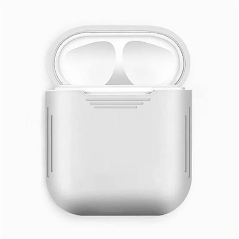 AirPods silicone protective case with shockproof bumper and a white anti-loss rope attached.