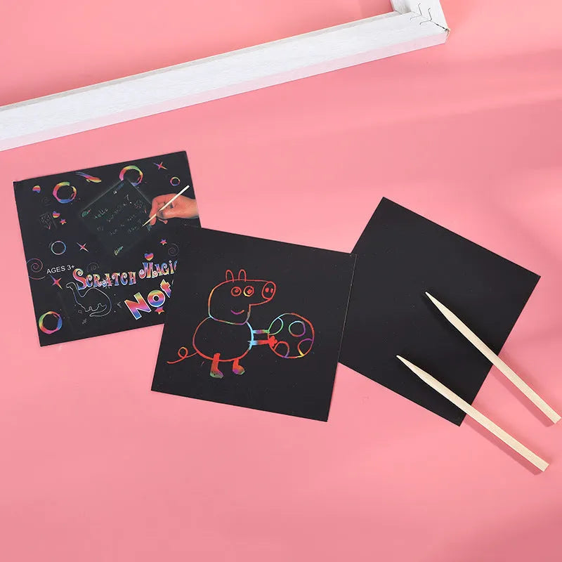Colourful trumpet scratch art painting kit with 100 rainbow patterned sheets in gift box