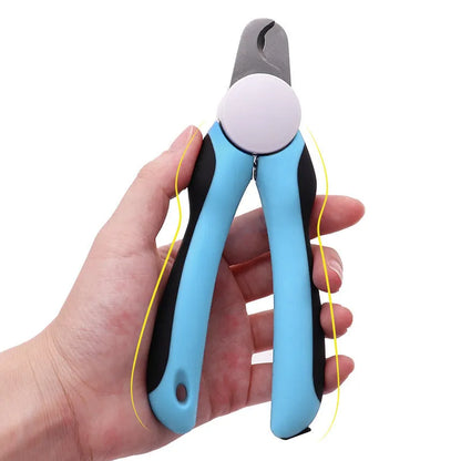 Blue heavy-duty dog nail clippers with safety guard and ergonomic non-slip handles on a white background.