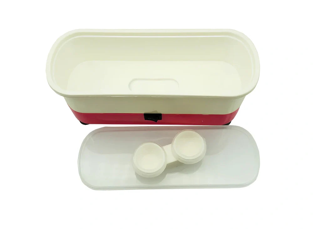 Blue analog ultrasonic cleaner measuring 17x6x8cm with four suction cups and battery compartment