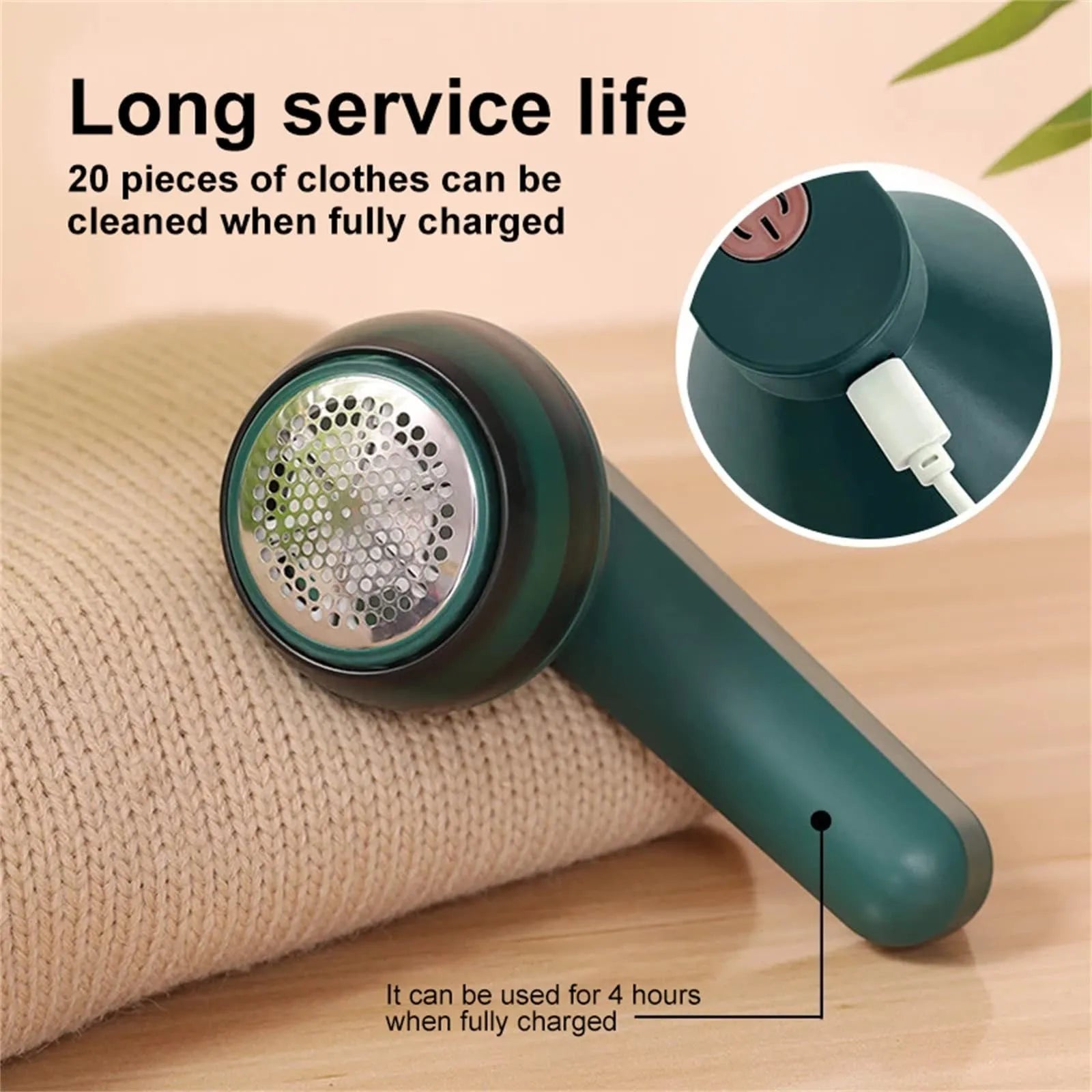 White or green USB rechargeable electric lint remover with removable lint collector and stainless steel blade