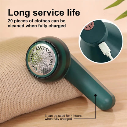White or green USB rechargeable electric lint remover with removable lint collector and stainless steel blade