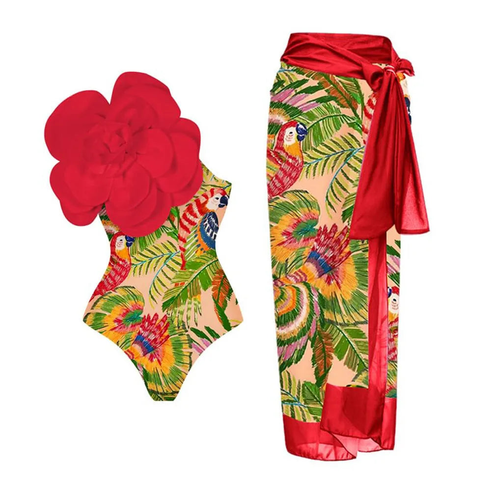 Women's one-piece swimsuit with three-dimensional flower print, tight European American fit.