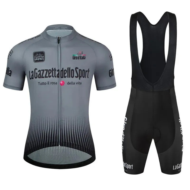 Short sleeve cycling suit in a patterned design, shown in a colour variant, for summer road biking.