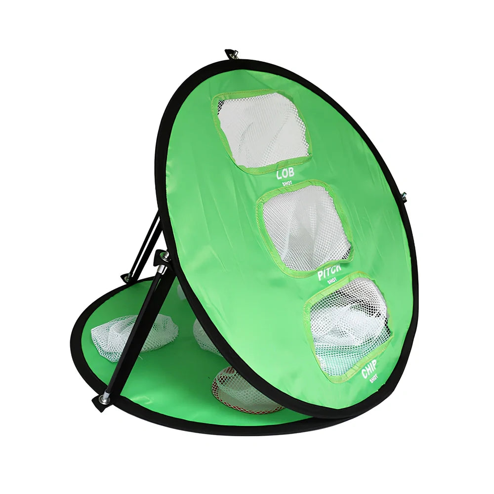 Green folding golf practice net measuring 57cm wide by 50cm high with fiberglass frame