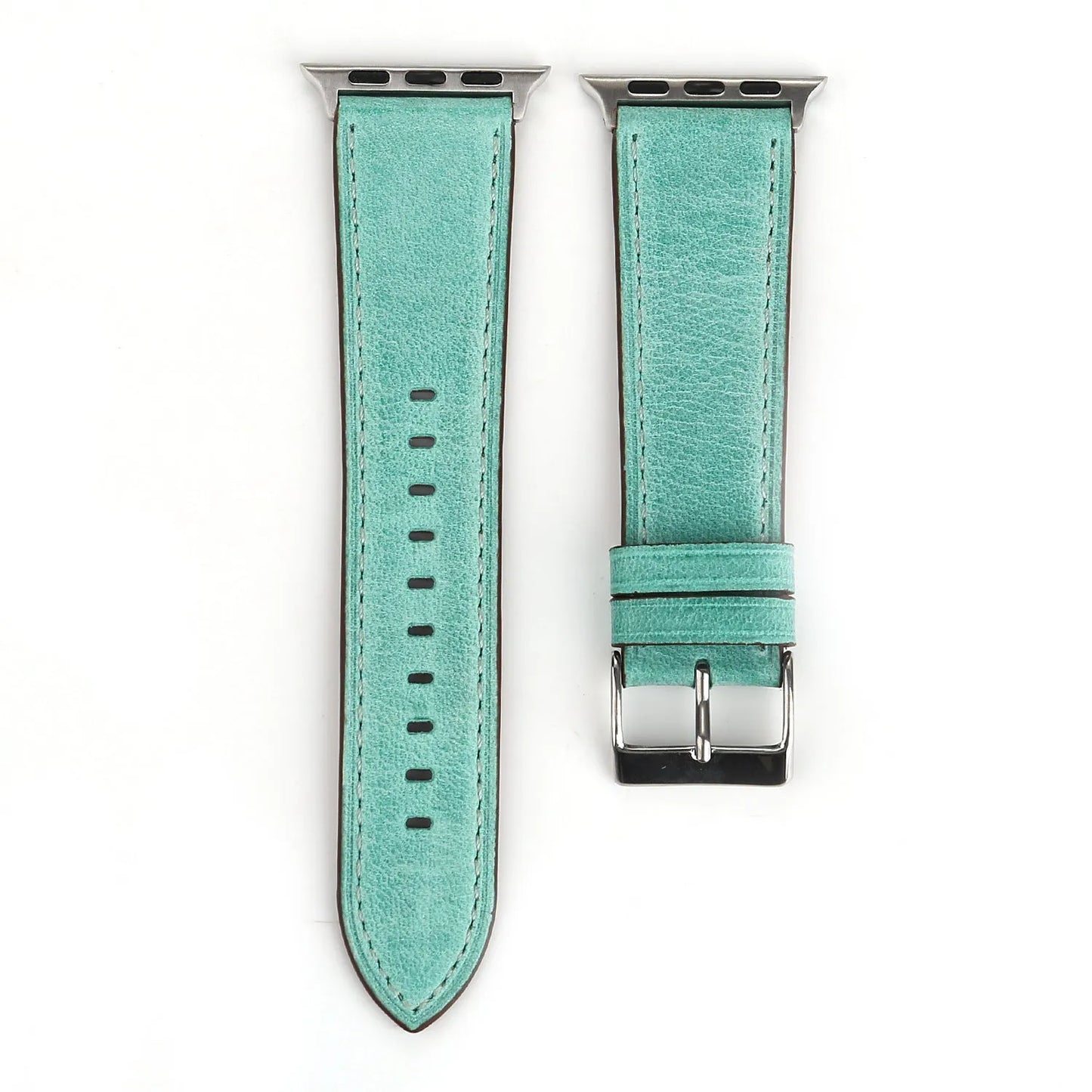 Leather watch strap with a folding buckle in blue, shown next to brown, green, orange, pink, and yellow colour options.