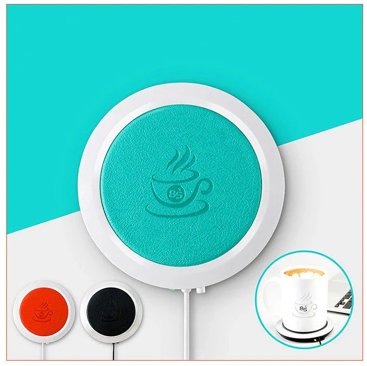 USB-powered heated coaster in various colours to keep coffee, tea, and other hot beverages warm
