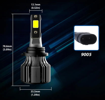 Close-up of a 6000K white LED car headlight bulb with adjustable chuck and connector, showing compact design.