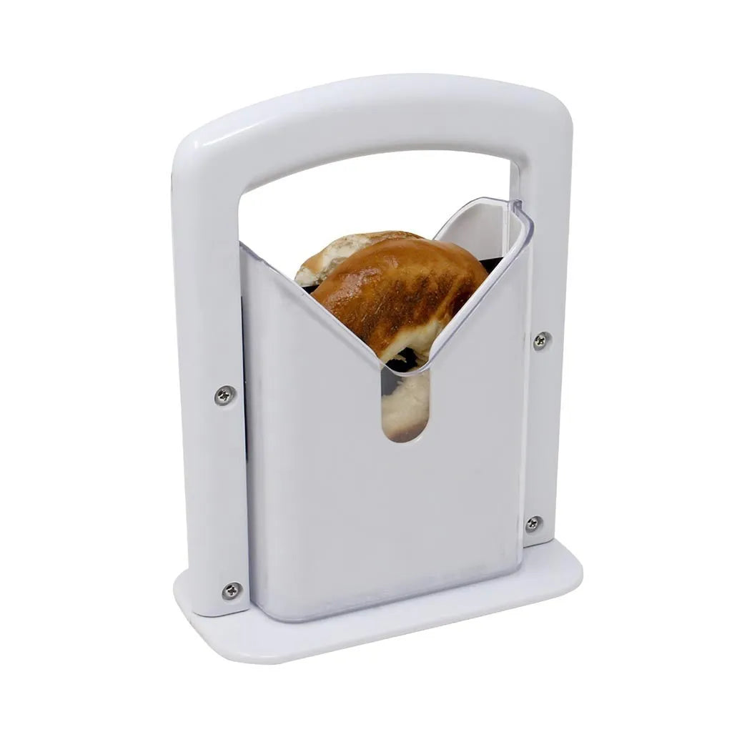 White plastic bagel slicer with clear safety shields and stainless steel blade