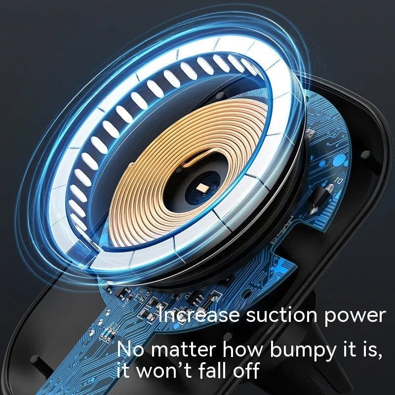Black magnetic car wireless charger mounted on car air vent with phone attached
