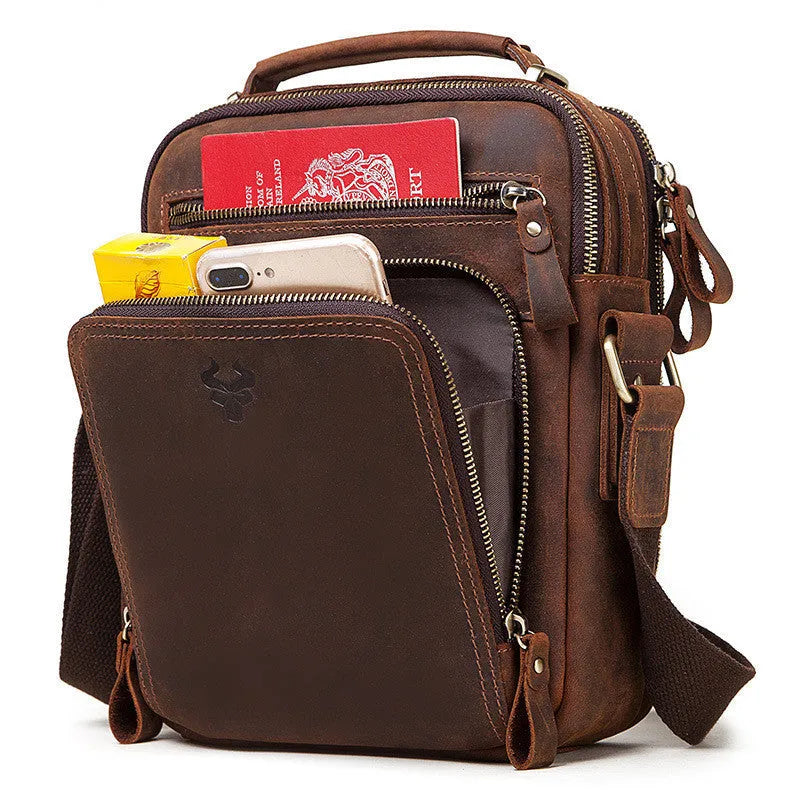 Men's brown Crazy Horse leather retro crossbody bag with single shoulder strap