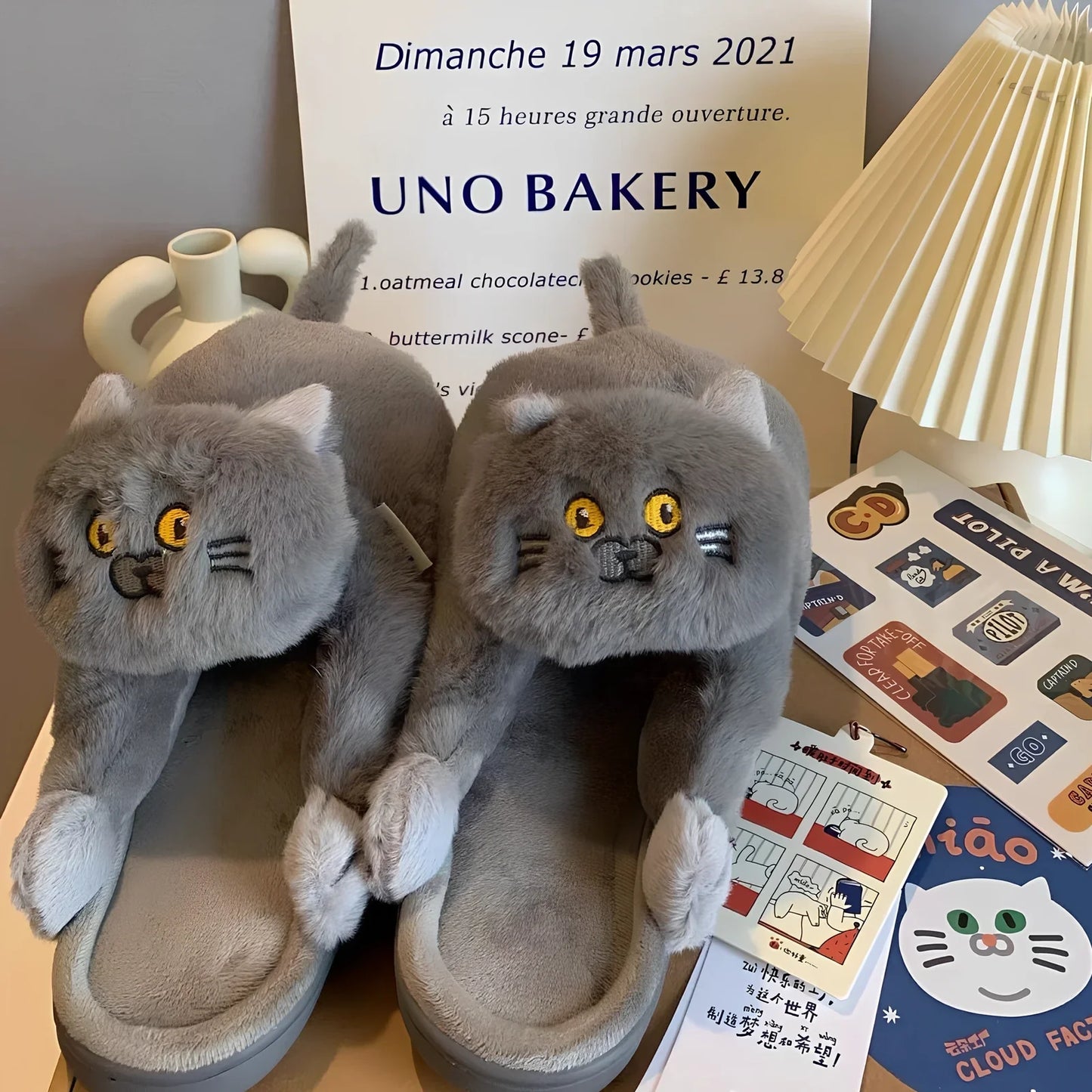 Blue cat pattern cotton slippers with 1.5cm heel and non-slip soles for UK sizes 35-43