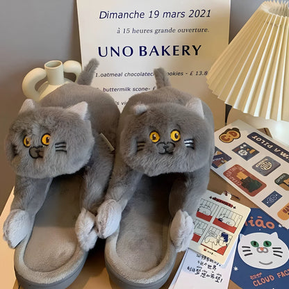 Blue cat pattern cotton slippers with 1.5cm heel and non-slip soles for UK sizes 35-43