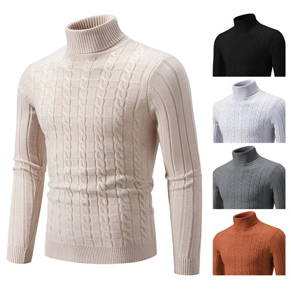 Man wearing a milky white slim fit chenille turtleneck pullover with a twist detail.