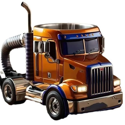 Resin semi-truck shaped coffee mug in orange colour with 11-ounce capacity