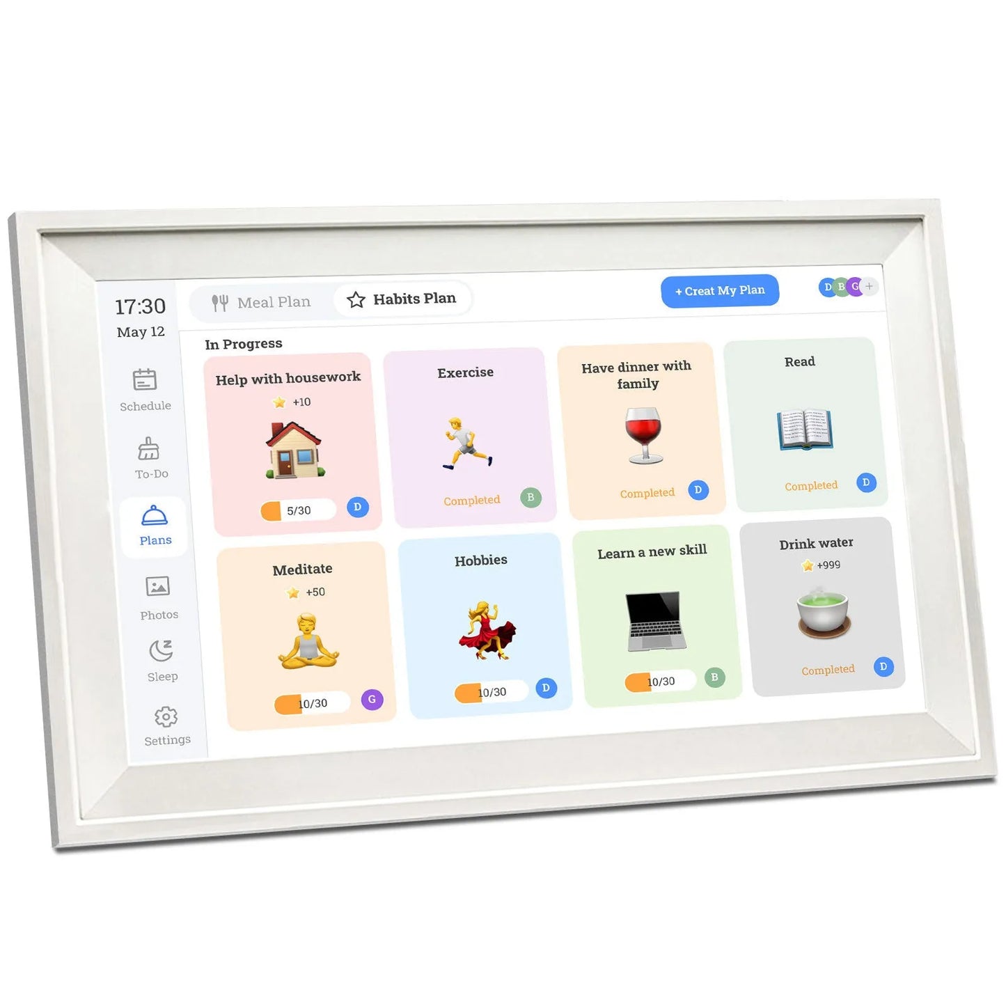 White Smart Digital Photo Frame with 15.6 inch screen displaying a family photo, shown on a wooden shelf.