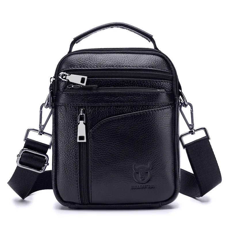 Black genuine leather men's shoulder messenger bag with retro style design