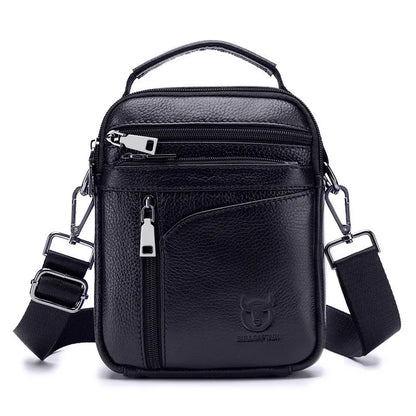 Black genuine leather men's shoulder messenger bag with retro style design