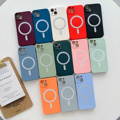 Magnetic TPU back cover case for iPhone in multiple colours, showing MagSafe charging ring.