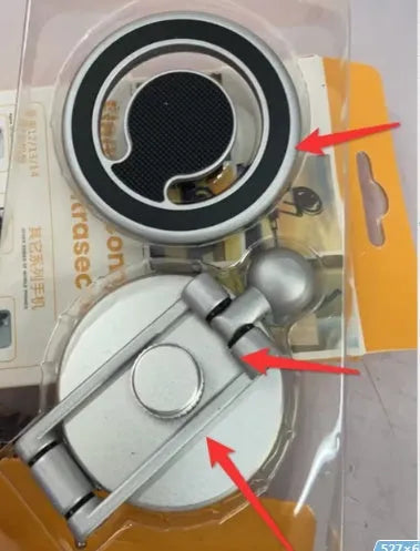 Black telescopic car phone holder extended on a car dashboard, showing phone attached with magnetic mount.