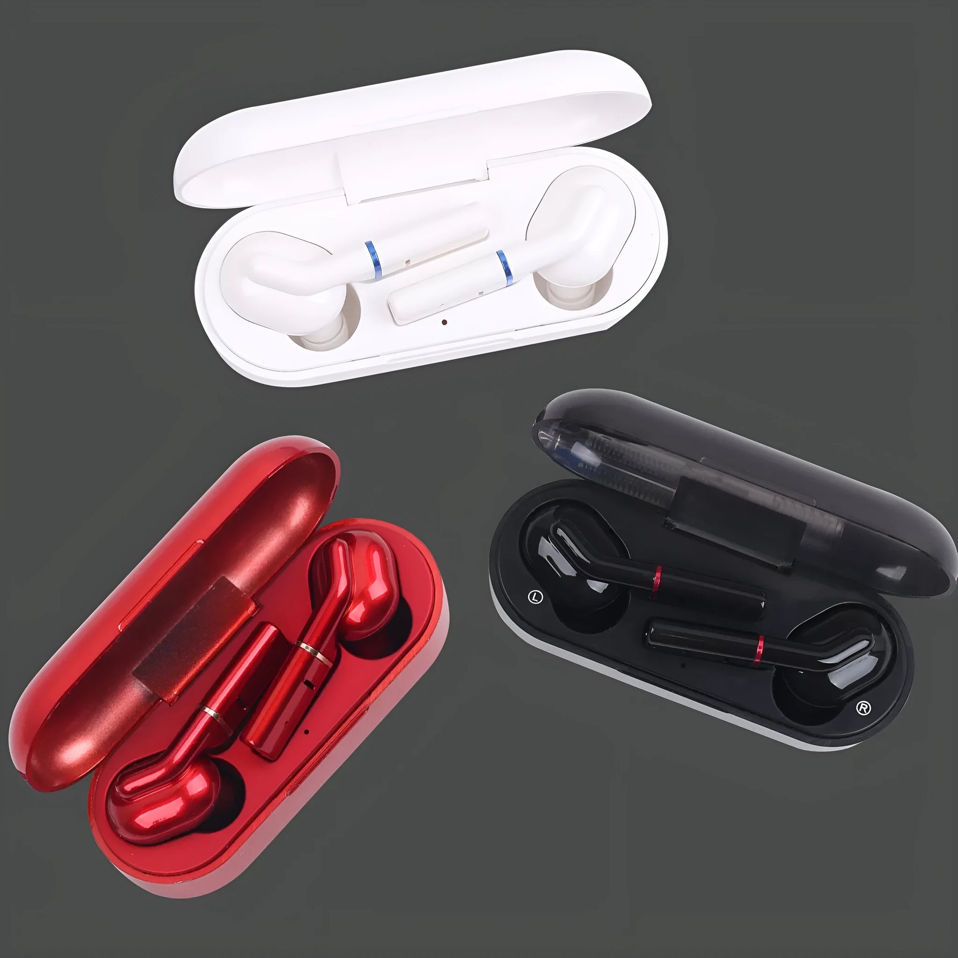 VV1 black and white Bluetooth wireless earphones with charging case showing in-ear design