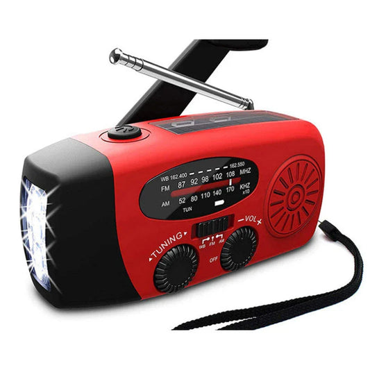 Portable solar and hand-cranked USB charging radio flashlight with LED illumination for outdoor adventures and emergency preparedness