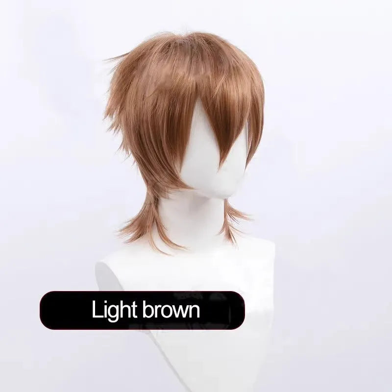 Short-length anime cosplay wig in high-temperature fibre on a stand.