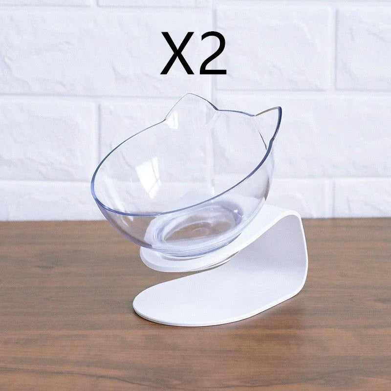 Tilted cat and dog bowls with raised stand, designed to reduce neck strain and protect cervical vertebrae.