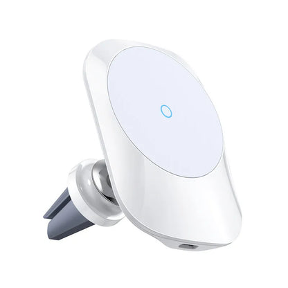 Black magnetic car wireless charger mounted on car air vent with phone attached