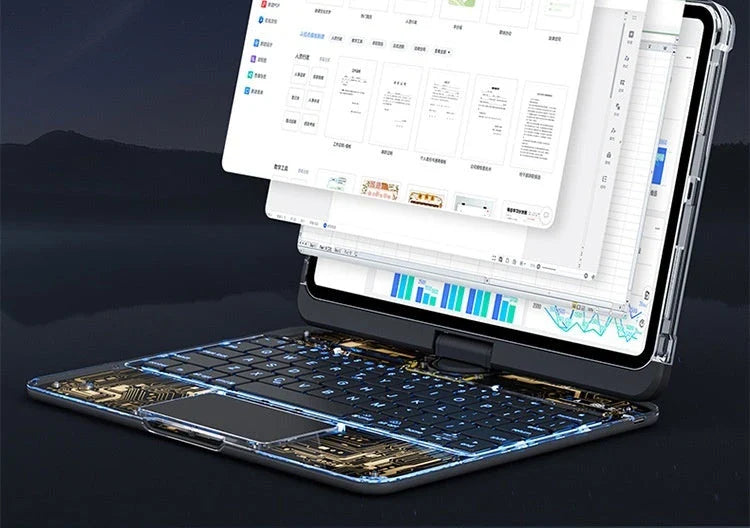 Versatile iPad keyboard case with 360-degree swivel rotation, scissor-style keys, and integrated pen slot for enhanced mobile productivity