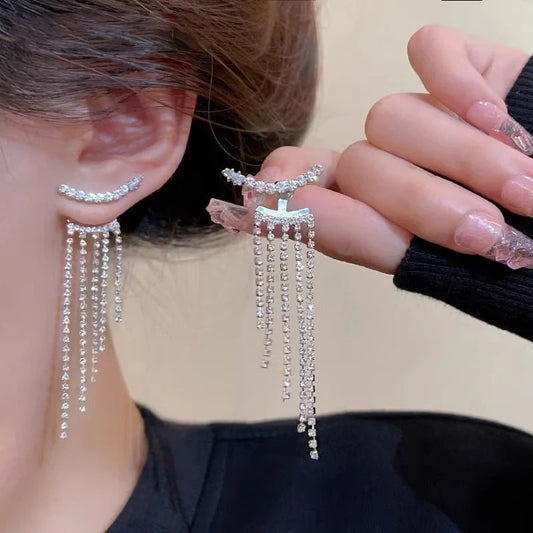 Elegant sterling silver long fringed zircon earrings for women