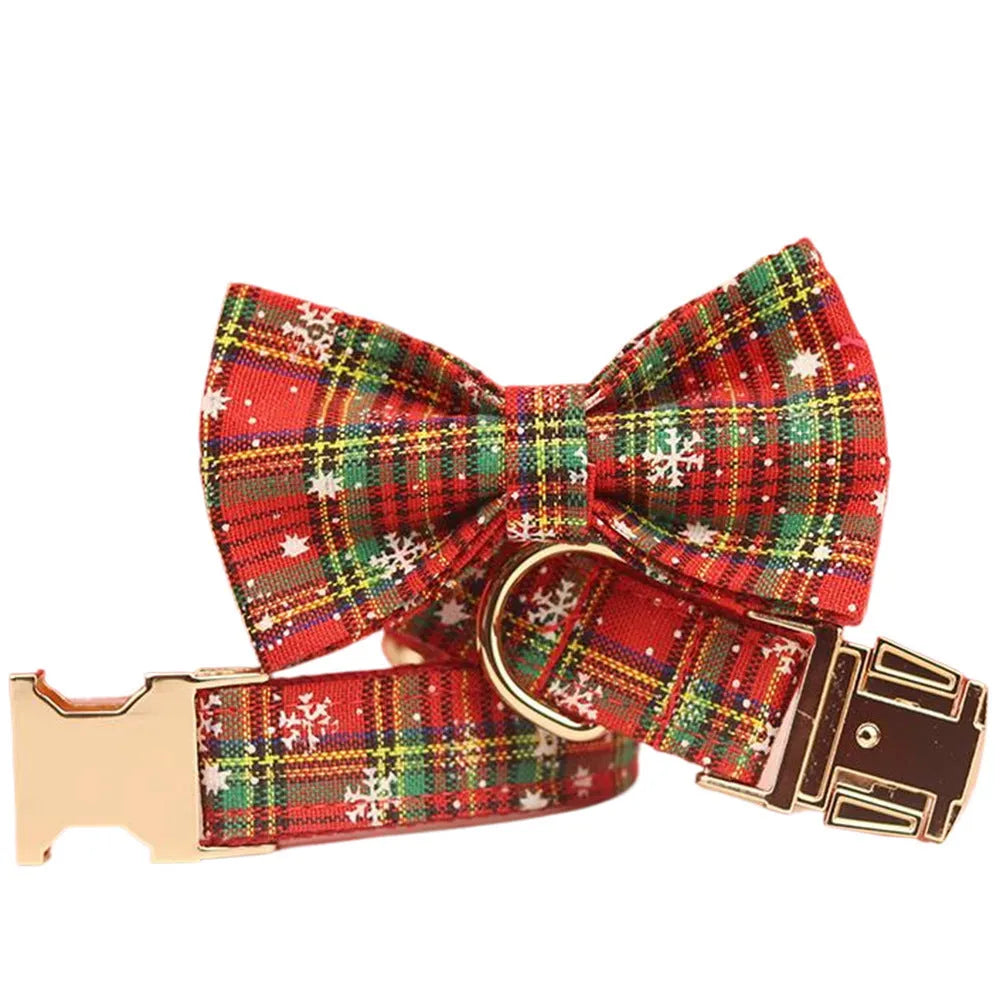 Red Christmas snowflake plaid pattern dog collar and leash set with matching vest and bow tie