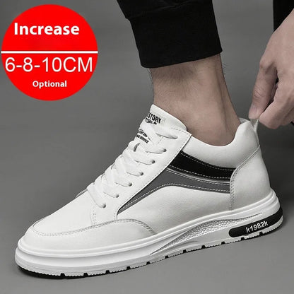 Men's white and black low-top casual sneakers with round toe and lace-up front, showcasing sewing line detail.