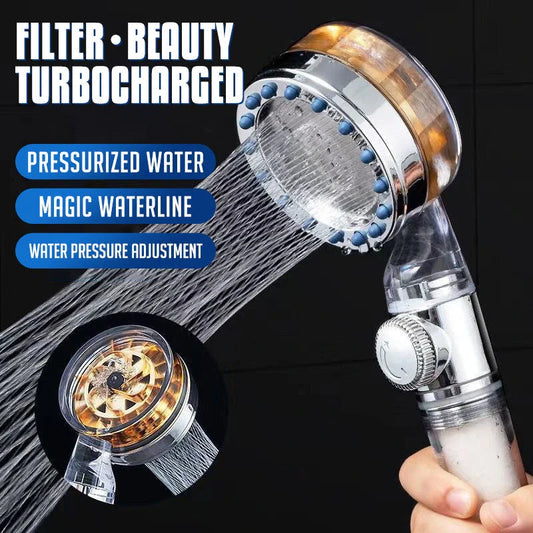 High-pressure turbo shower head with powerful water flow, made of durable ABS and stainless steel materials