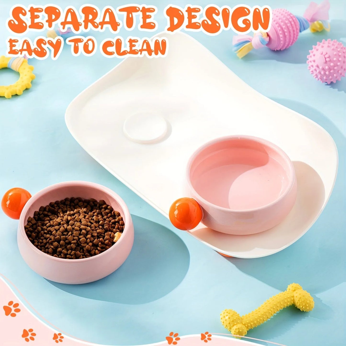 Ceramic raised pet bowl set with two bowls on non-slip base for cats and small dogs