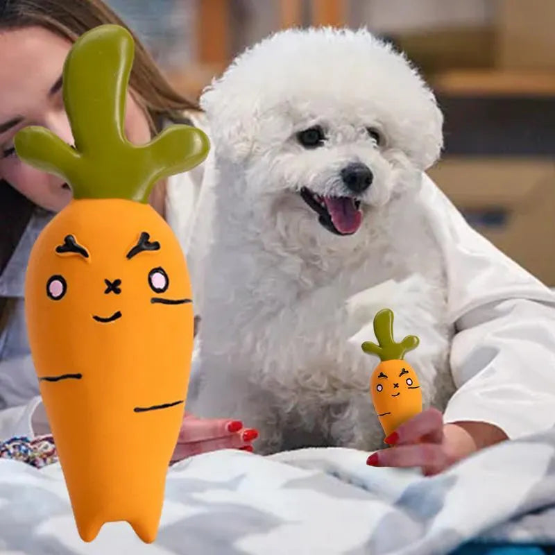 Cartoon onion and eggplant latex dog chew toy in green, orange, or purple colour options.