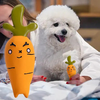 Cartoon onion and eggplant latex dog chew toy in green, orange, or purple colour options.