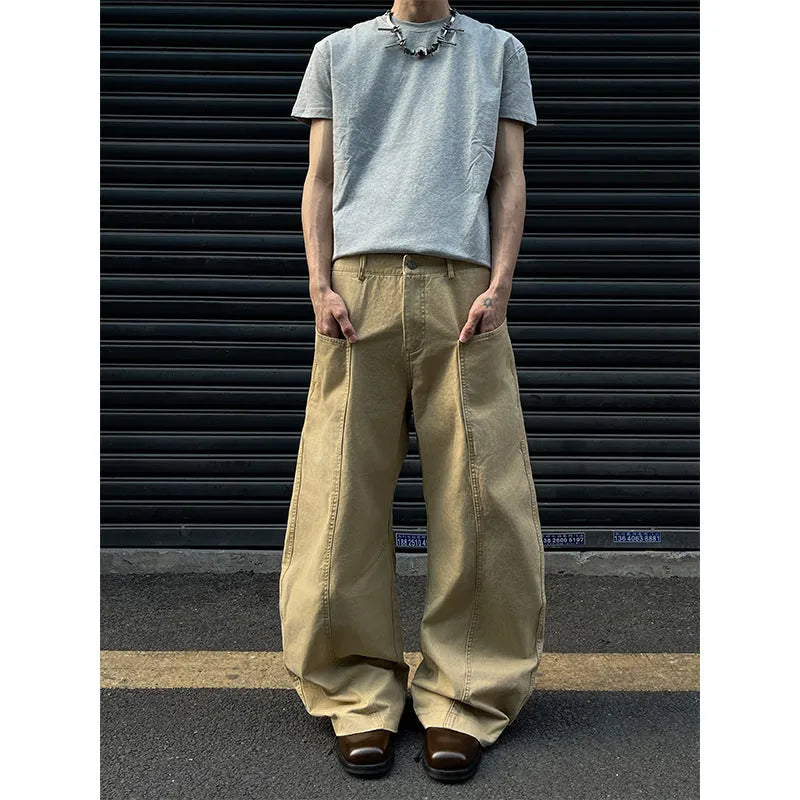 Men's khaki cotton straight-leg casual trousers American retro style