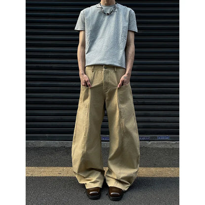 Men's khaki cotton straight-leg casual trousers American retro style