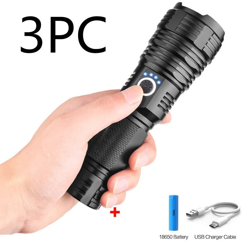 P70 outdoor flashlight with XHP70 LED, micro USB charging, telescopic zoom, and aluminium alloy body