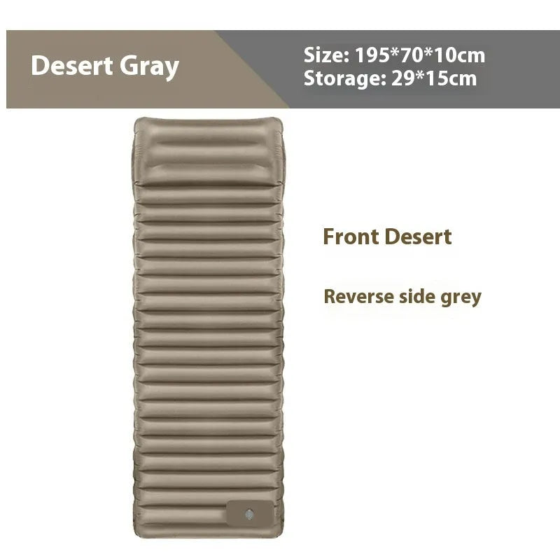Single inflatable camping mattress in grey, shown at 195 cm length and 10 cm thickness.