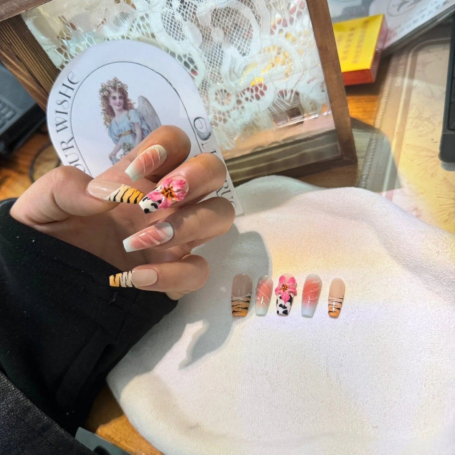 Zebra pattern lily hand carving artificial nails with embossed leopard print design