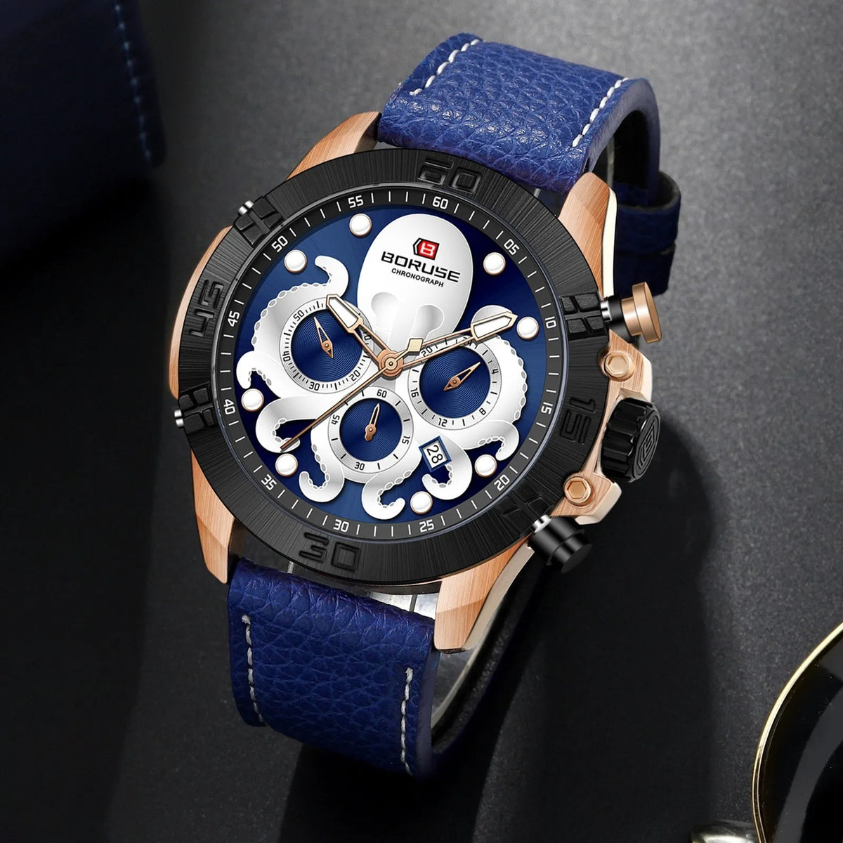 Octopus men's waterproof quartz watch with luminous display in blue or black colour options