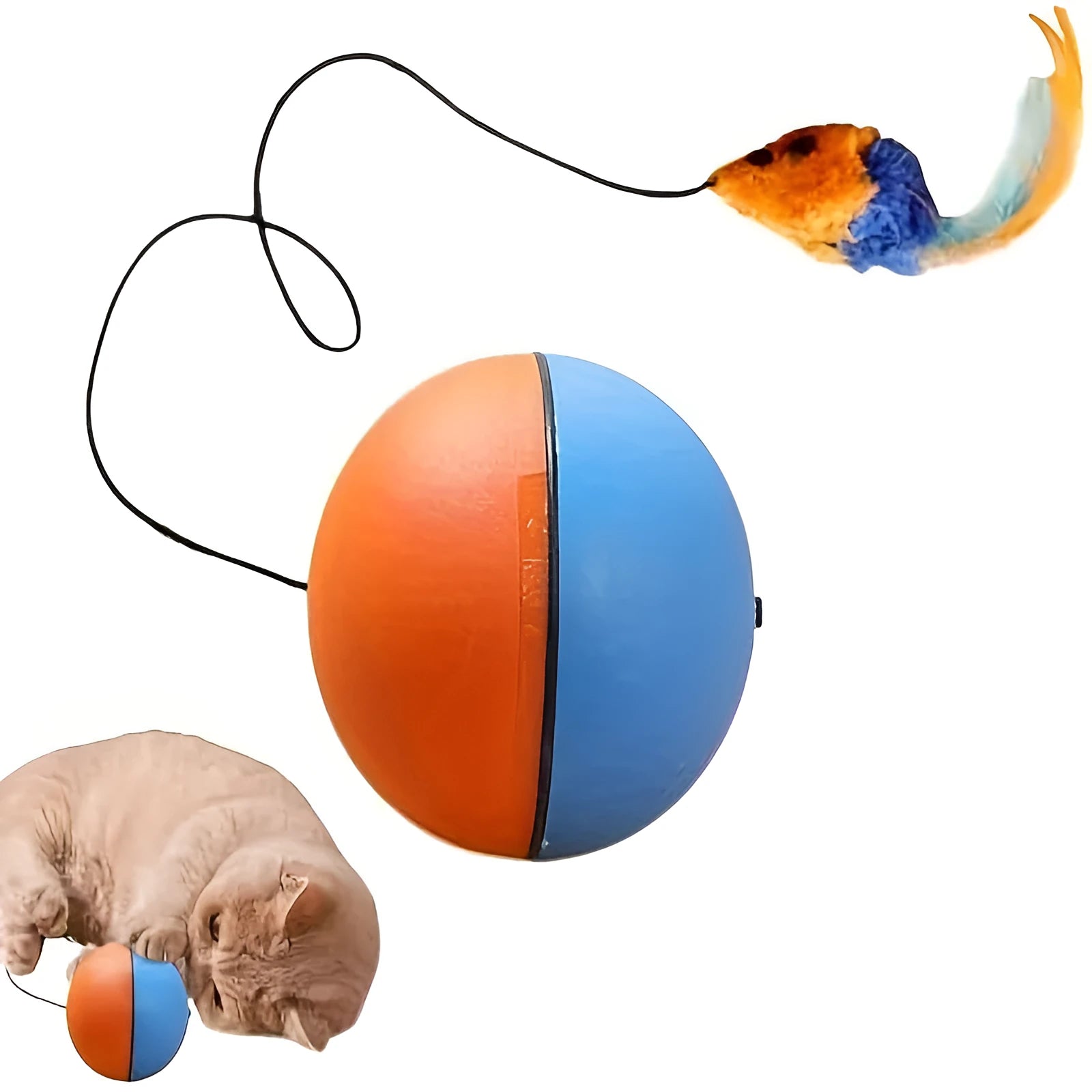 Interactive cat toy with ball and plush mouse design in blue and orange colours
