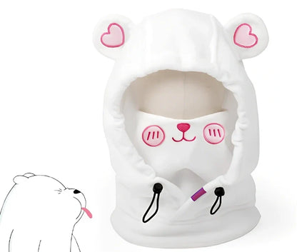 Ski helmet cover with cartoon animal designs including brown bear and white bear patterns for winter sports